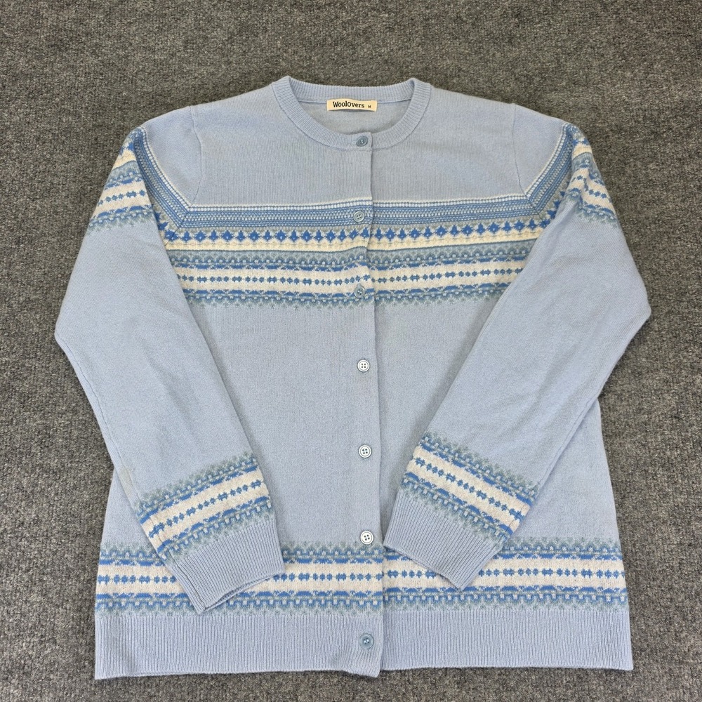 Woolovers Cardigan Women's Medium Fair Isle Blue CrewNeck Merino Wool Button Up